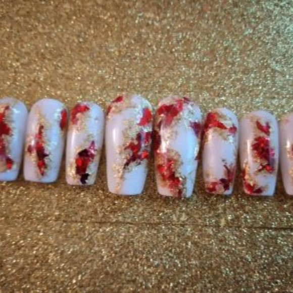 white and red geode med square press on nails acrylic nails - Picture 4 of 6